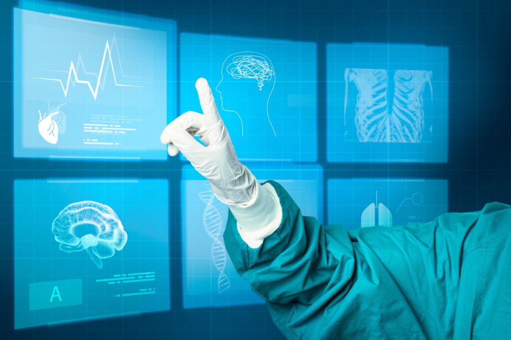 Doctors working on modern virtual screen