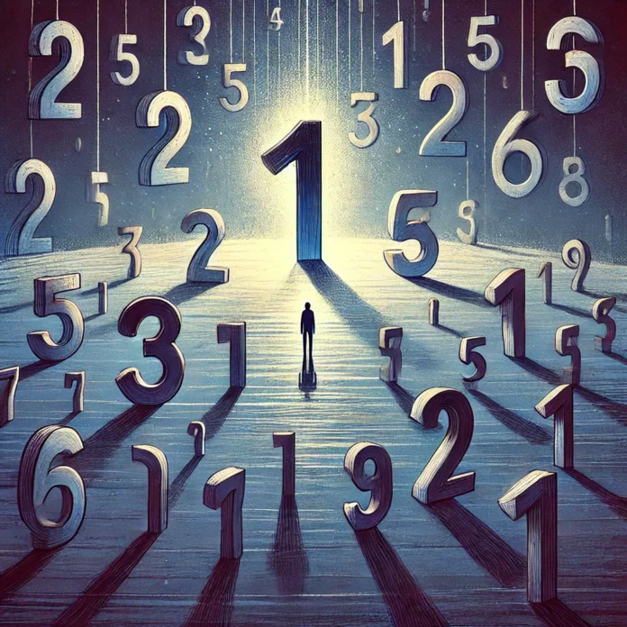 DALL·E 2024-12-10 11.56.28 - Un'illustrazione simbolica che rappresenta la solitudine dei numeri primi, con un numero primo stilizzato come una figura solitaria che si staglia in